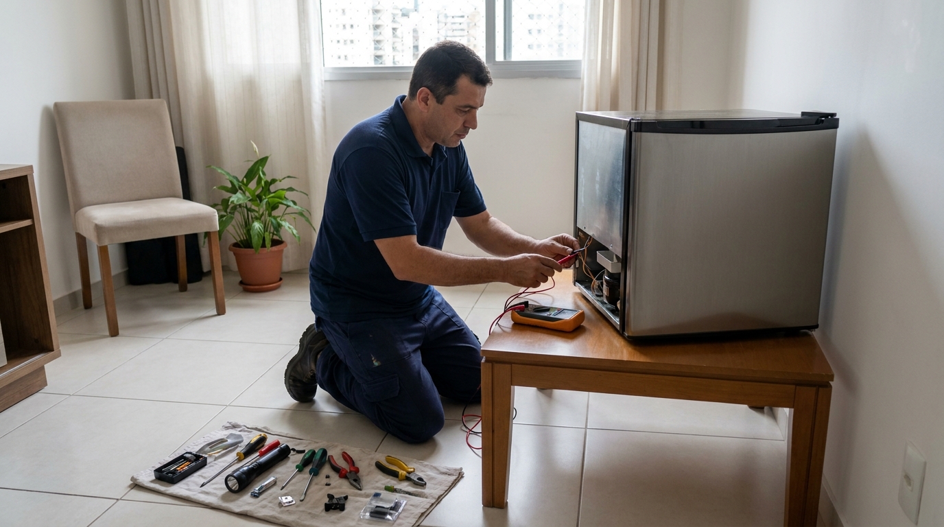 Técnico revisando o motor de um frigobar em Uberaba‑MG