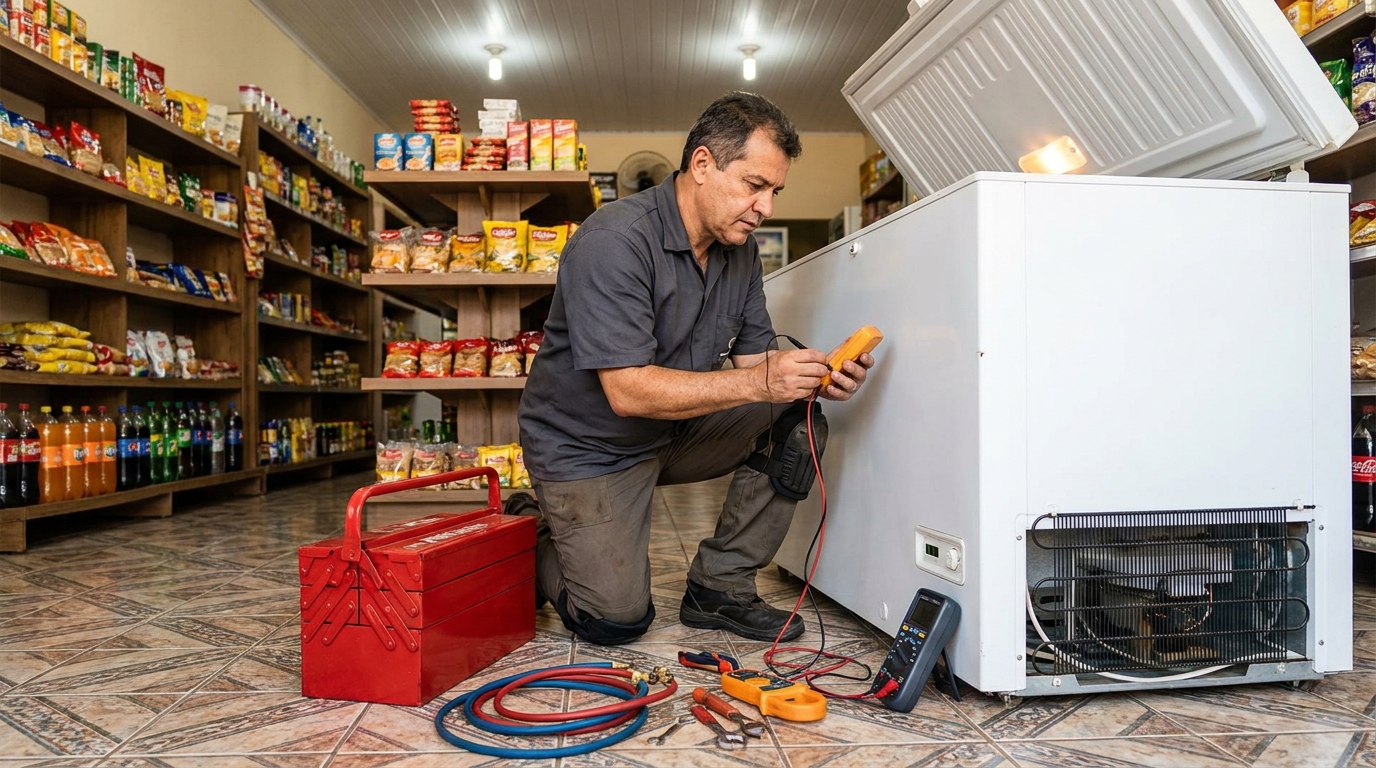 Manômetro conectado ao circuito durante recarga de gás de freezer em Uberaba‑MG