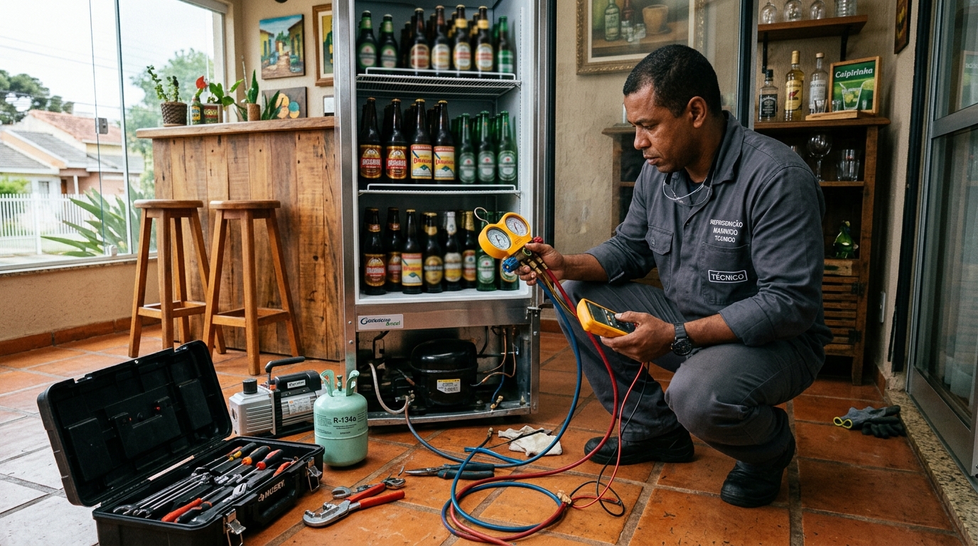 Técnico conferindo a temperatura de uma cervejeira durante atendimento em Uberaba‑MG