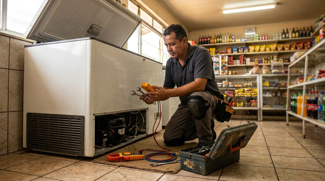 Técnico avaliando um freezer vertical durante atendimento em Uberaba‑MG